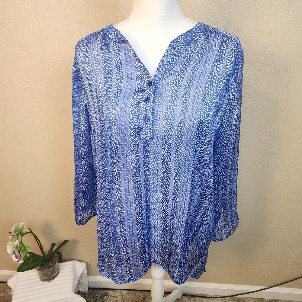 Chico's Blue and White Patterned Sheer Blouse Size 2 (Large) 5743